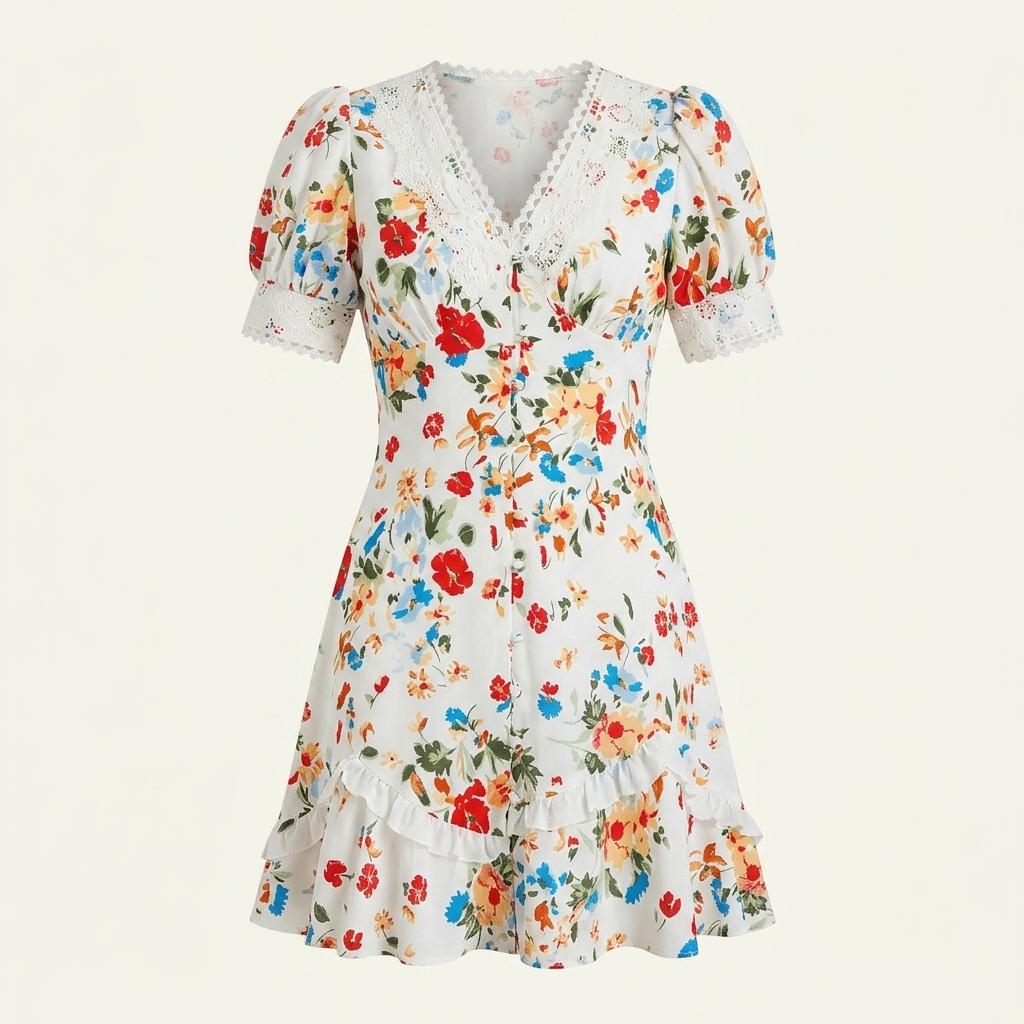 새상품던드롭 fancy flower v neck puff dress, s 1
