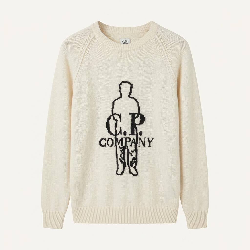 C.P. Company 로고 자수 라운드넥 니트 아이보리