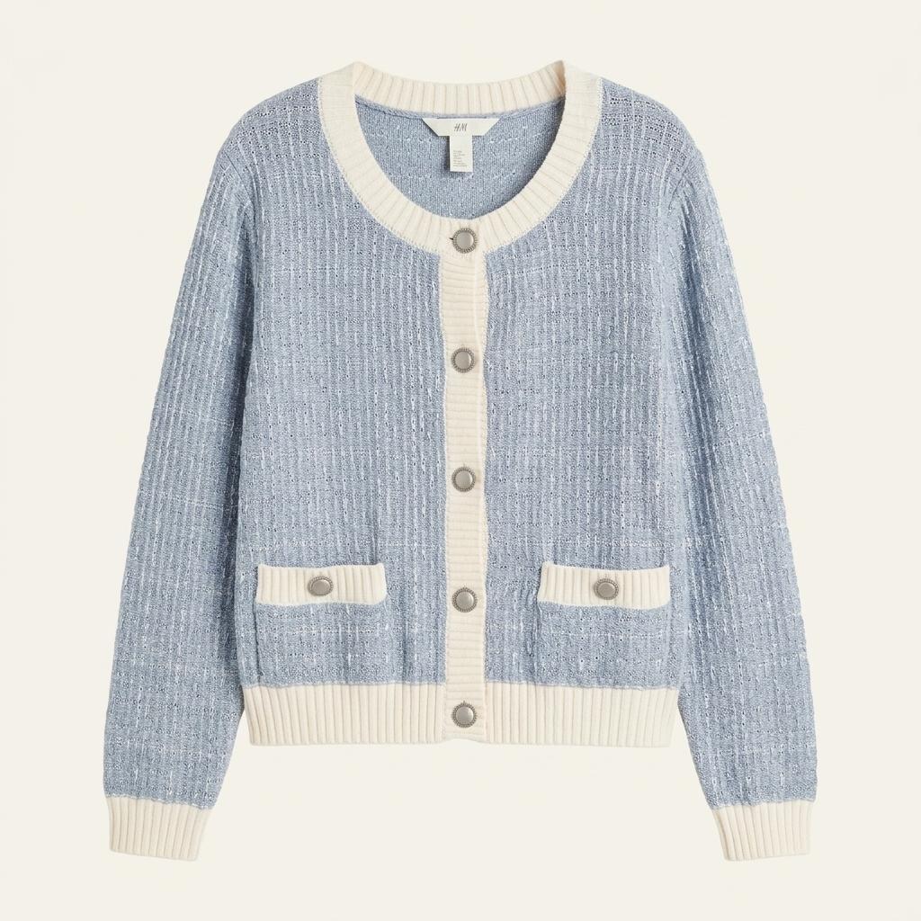 H&M 트위드 라운드넥 가디건 블루 L 1