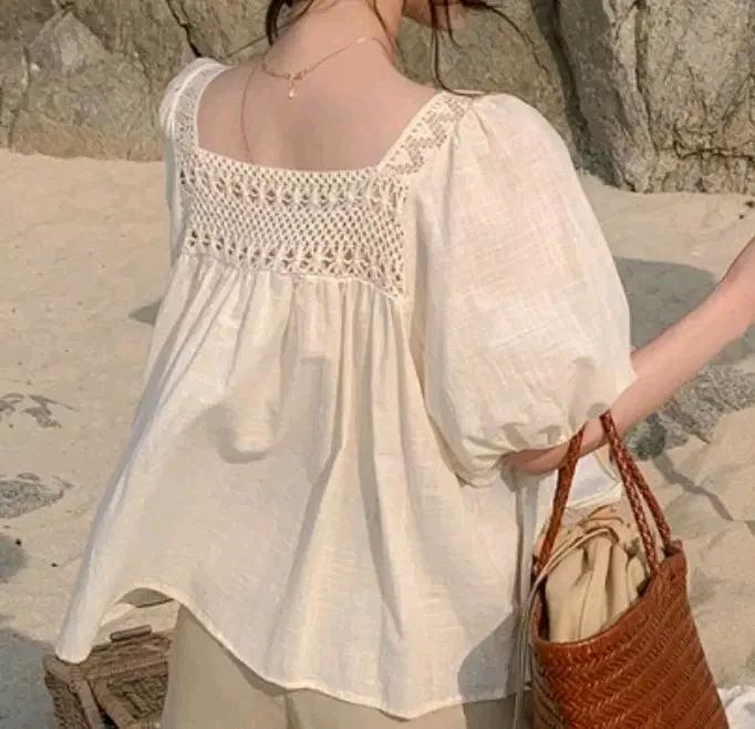 아뜨랑스 린넨 뜨개자수 레이스 여름 블라우스, 아이보리 free 3