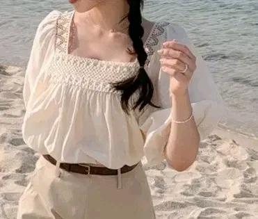 아뜨랑스 린넨 뜨개자수 레이스 여름 블라우스, 아이보리 free 2