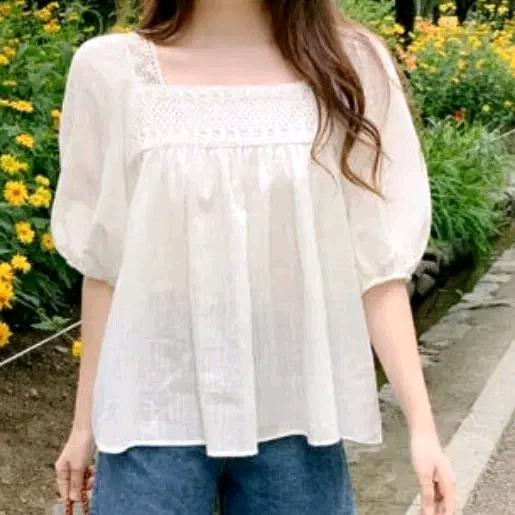 아뜨랑스 린넨 뜨개자수 레이스 여름 블라우스, 아이보리 free 4