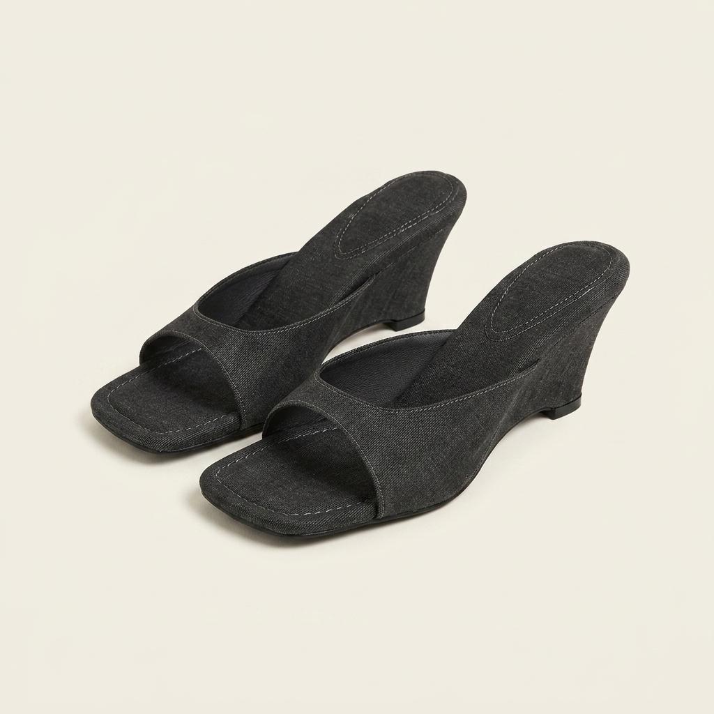 @9534 블랙 245 빈티지 물나염 7.5cm 웨지 샌들-새상품 1