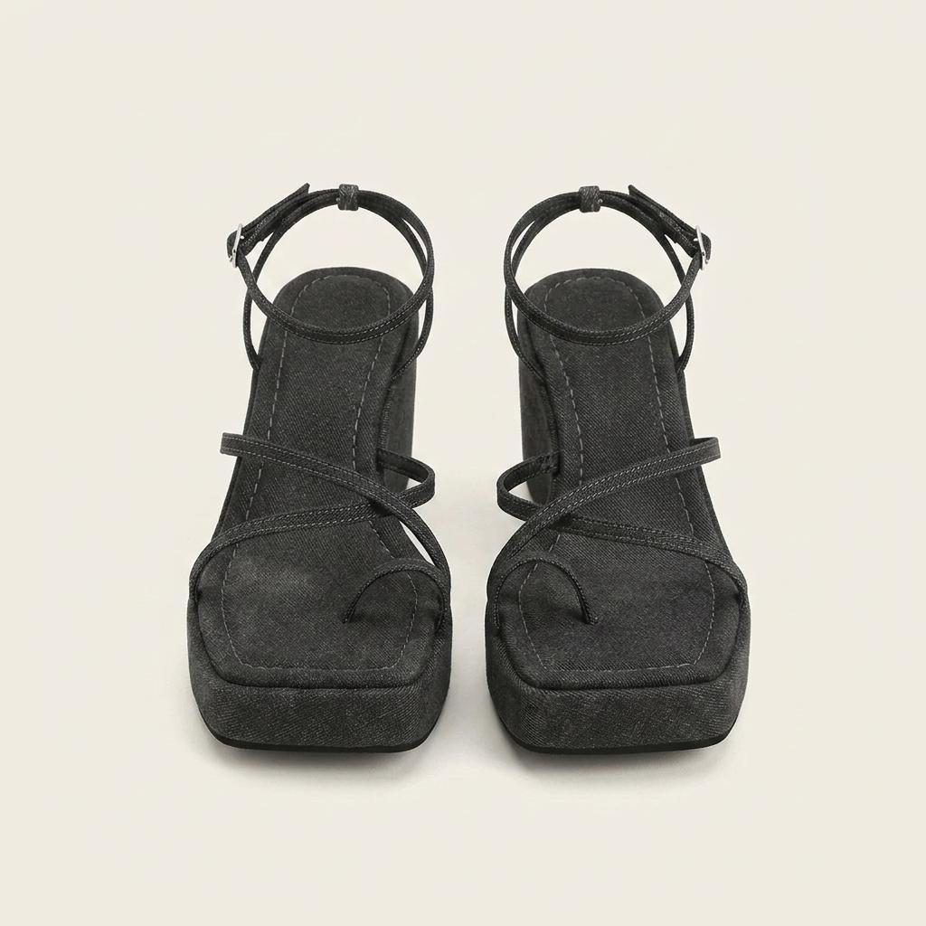 @354 블랙 235 웨지 플랫폼 7cm 린넨 쪼리 샌들-새상품