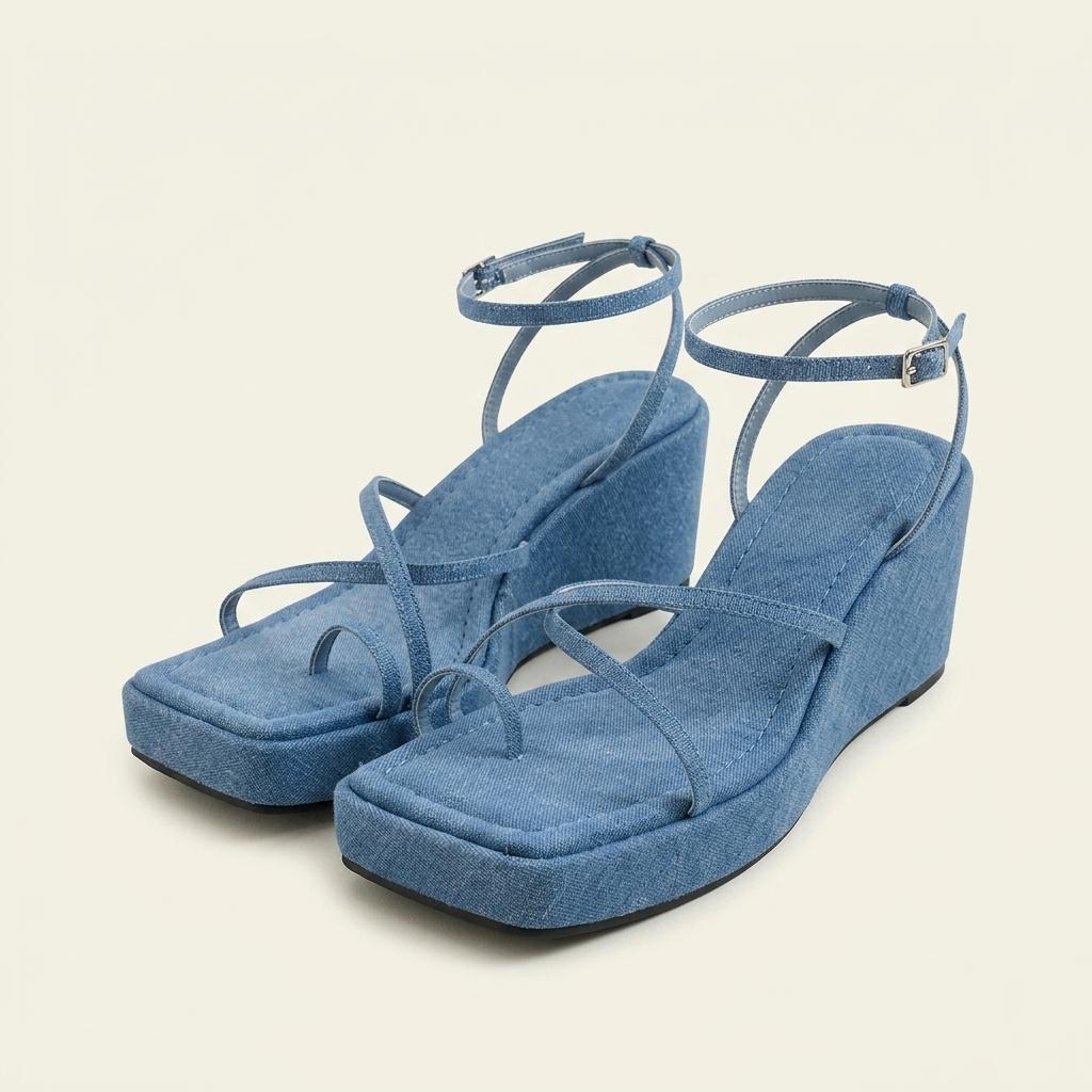@354 블루 245 웨지 플랫폼 7cm 린넨 쪼리 샌들-새상품