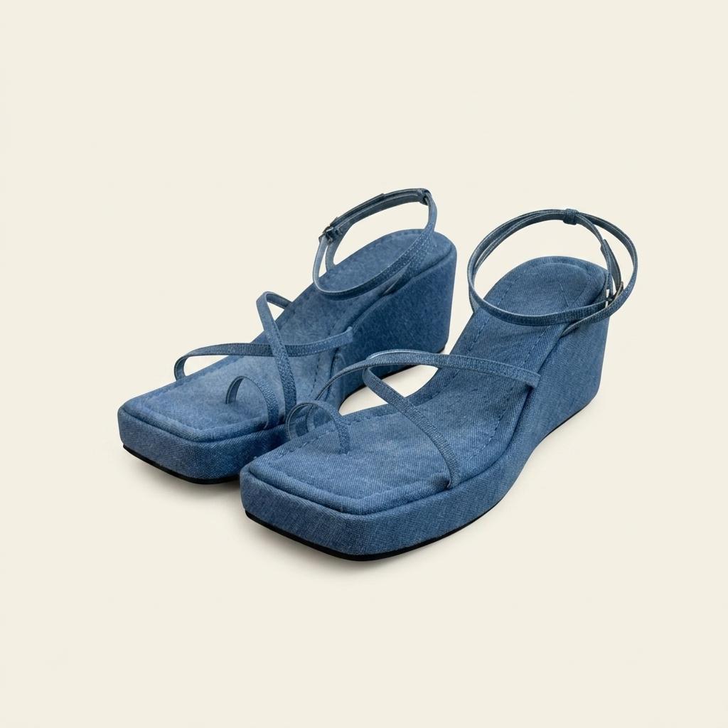 @354 블루 240 웨지 플랫폼 7cm 린넨 쪼리 샌들-새상품