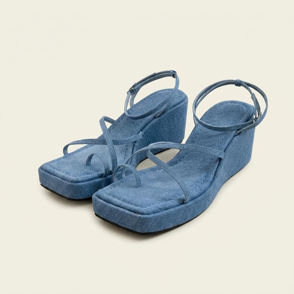 @354 블루 230 웨지 플랫폼 7cm 린넨 쪼리 샌들-새상품