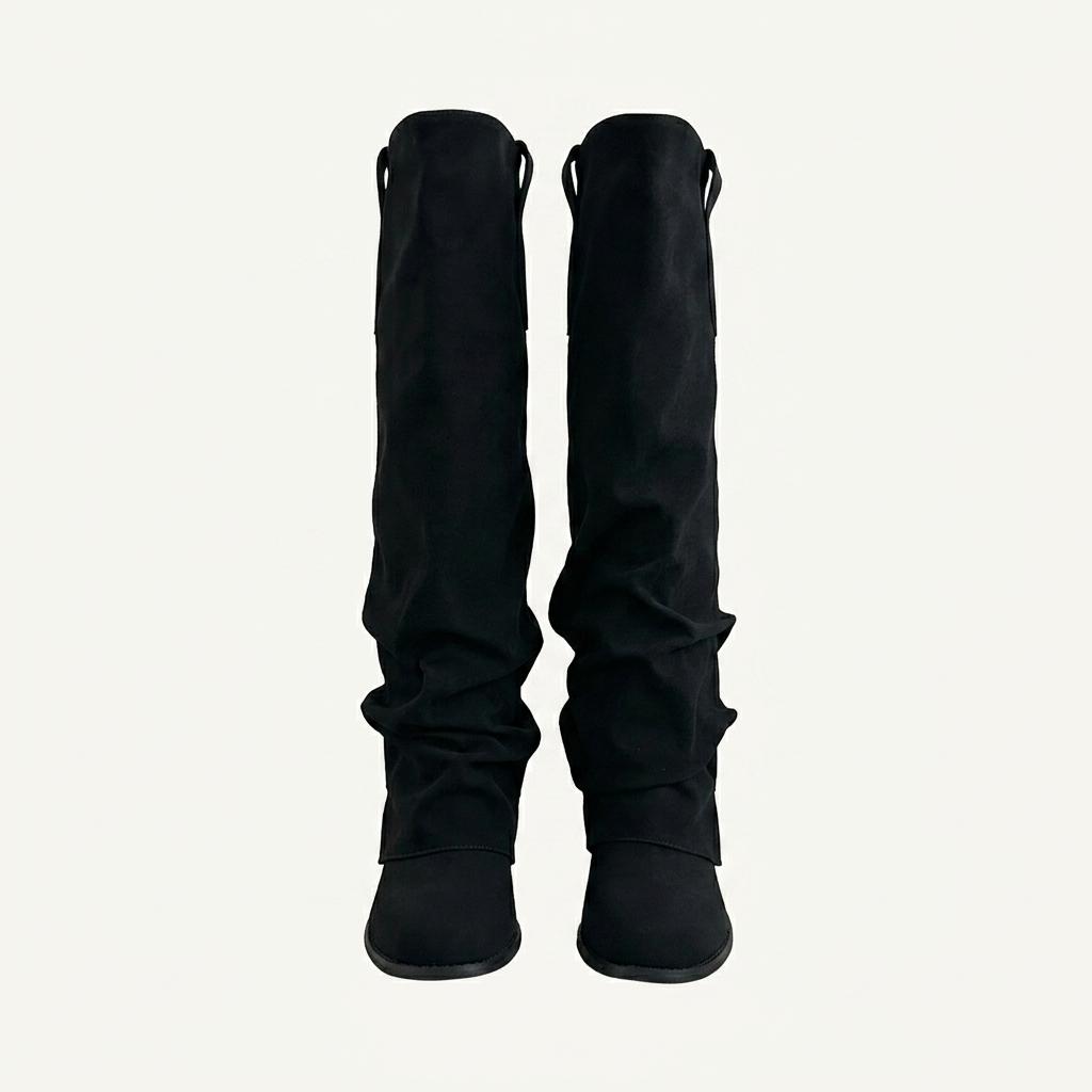 @9450 블랙 245-셔링 폴드오버부츠 6cm 롱부츠-새상품