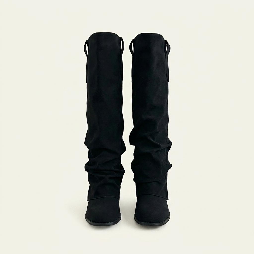 @9450 블랙 225-셔링 폴드오버부츠 6cm 롱부츠-새상품