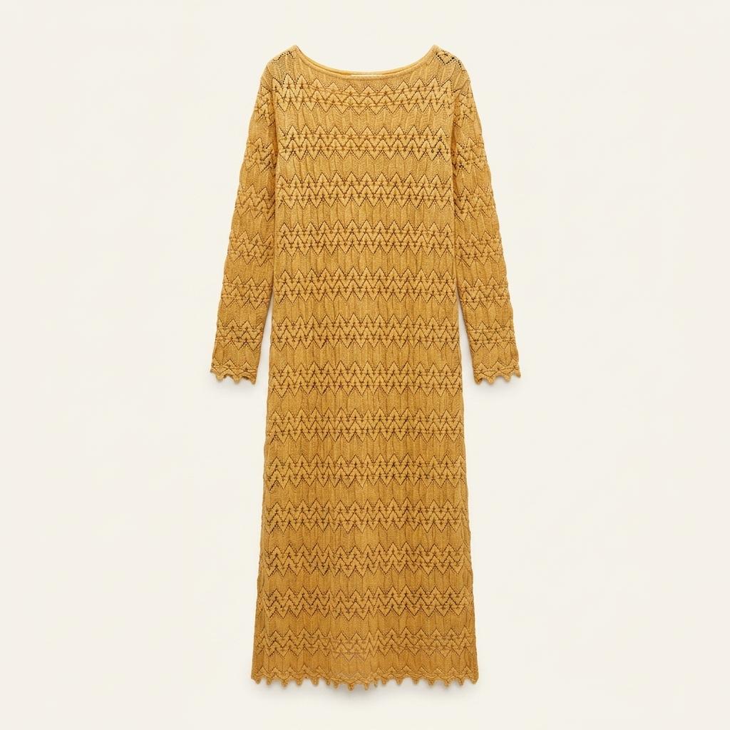 [ZARA] 자라 펀칭 니트 롱 원피스 머스타드 66