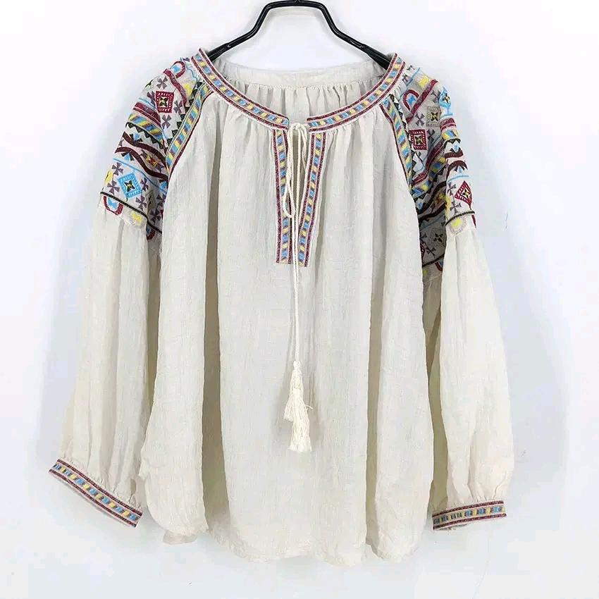 빈티지 여성 여름 자수 9부 루즈핏 블라우스 연베이지 (HU46201) 2
