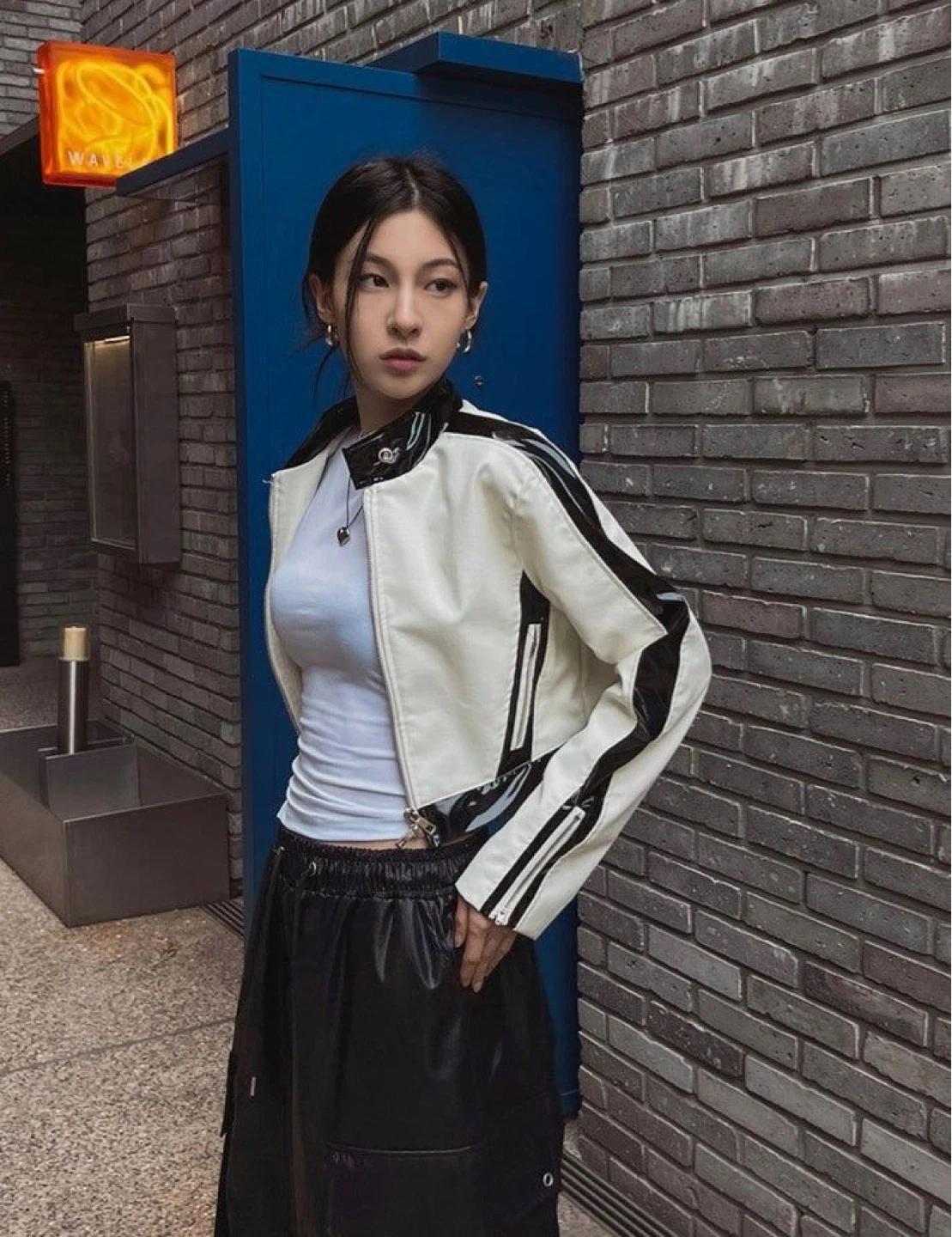 투톤 배색 크롭 레더 자켓 5
