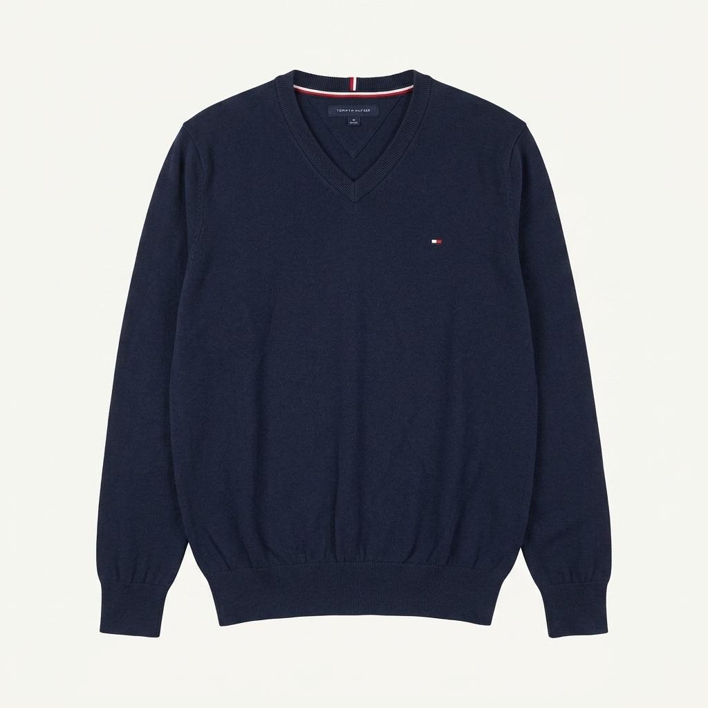 CL219 L 타미힐피거 코튼 삼색테이핑 네이비 브이넥 니트 스웨터
