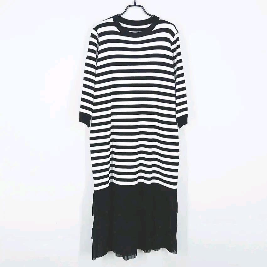 씨 여성 얇은춘추 밑단쉬폰 7부소매 롱원피스 블랙F (HU41051) 2