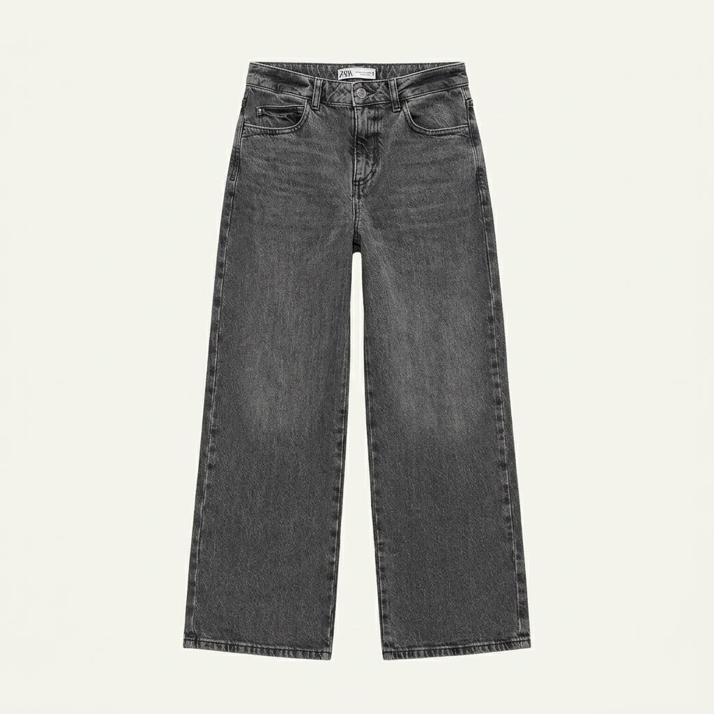 여성 자라 ZARA 흑청 빈티지 워싱 와이드 데님팬츠