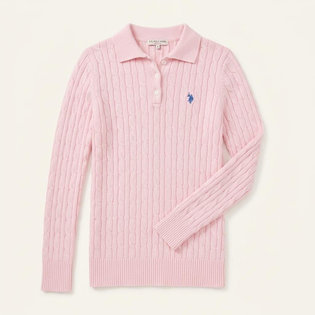 POLO 핑크 꽈배기 칼라 니트