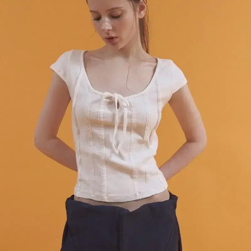 새상품)헤더먼트 soft jersey lace top 화이트 반팔 2
