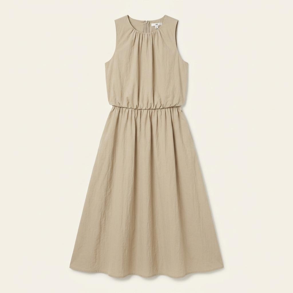 H&M 베이지 민소매 셔링 롱 원피스