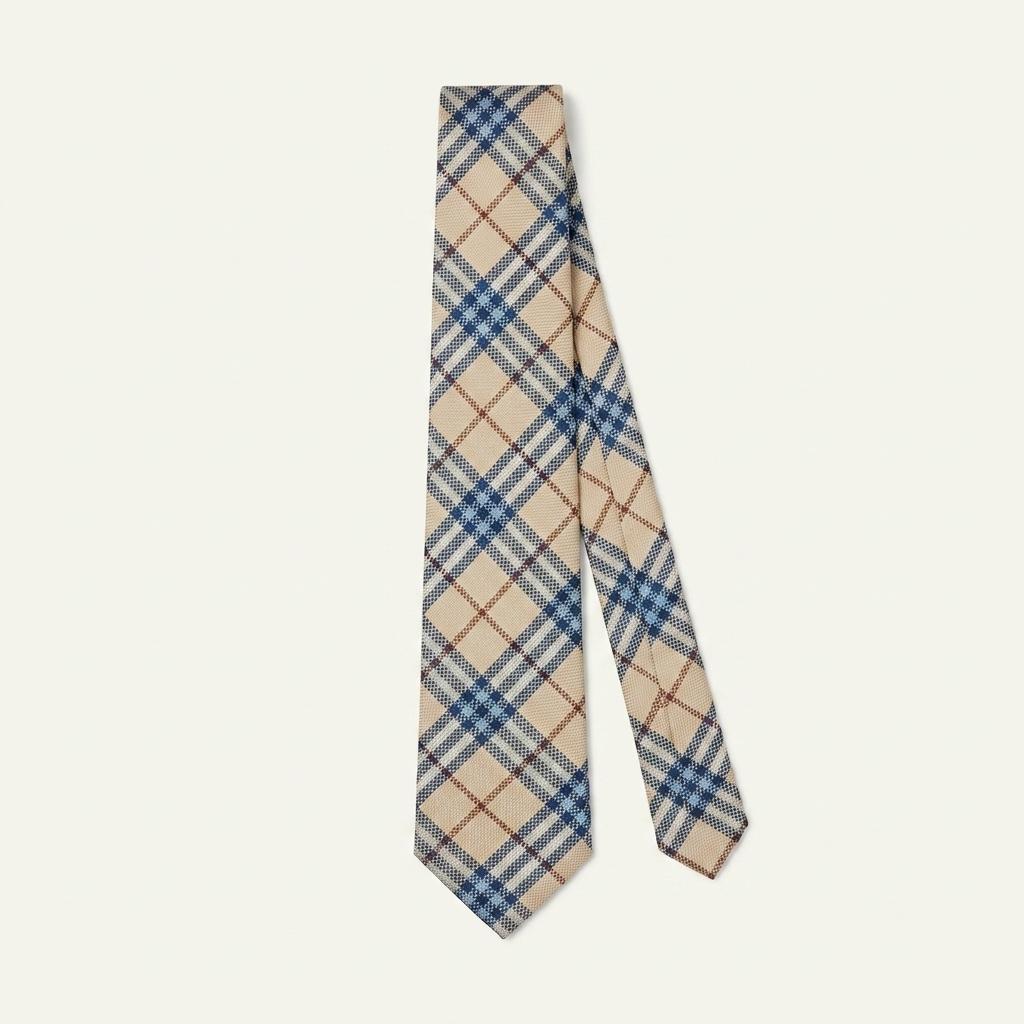 BURBERRY 버버리 실크 베이지 블루 체크 넥타이 8.6cm A~B등급 E1792