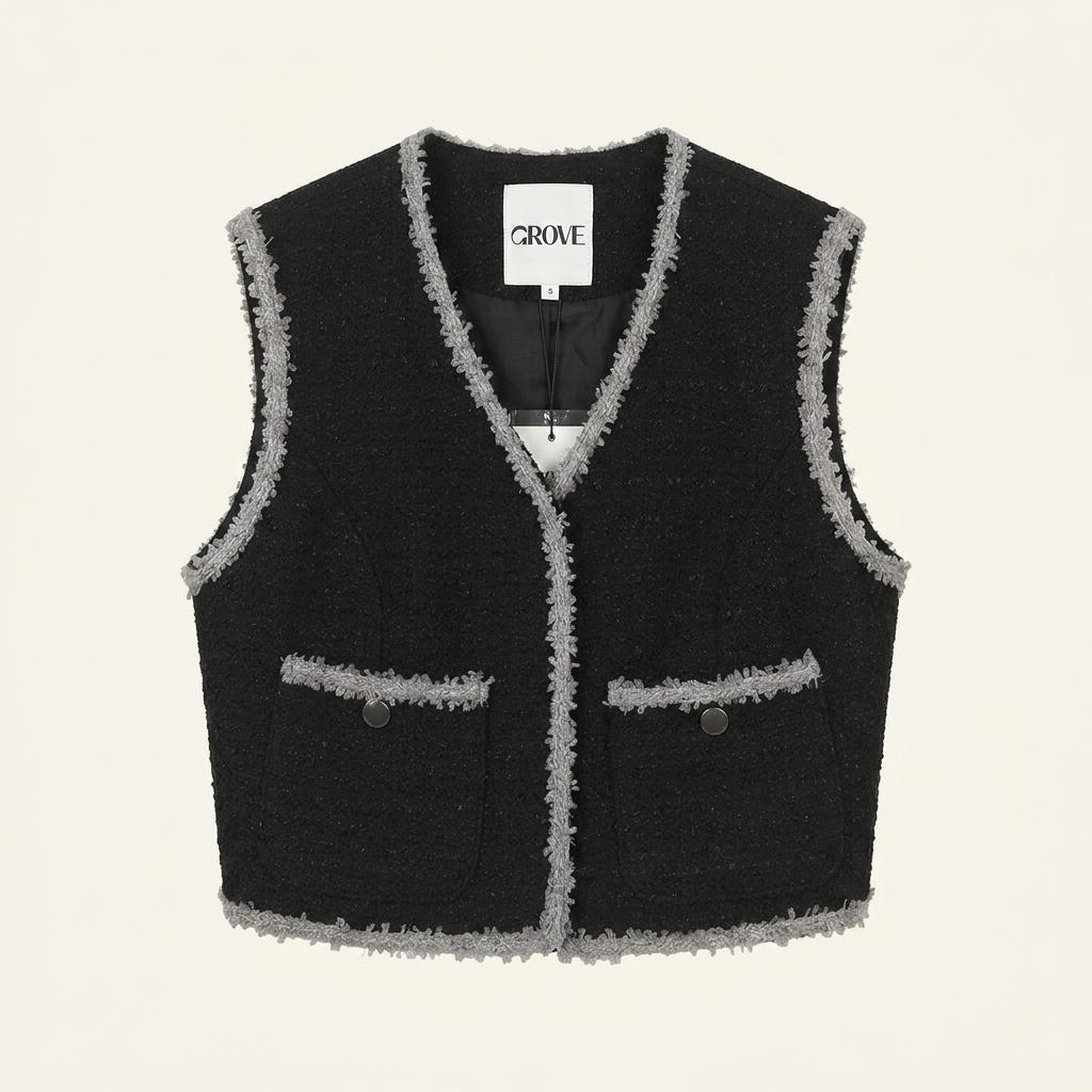 (새상품) 그로브 트위드 크롭 베스트 블랙 S