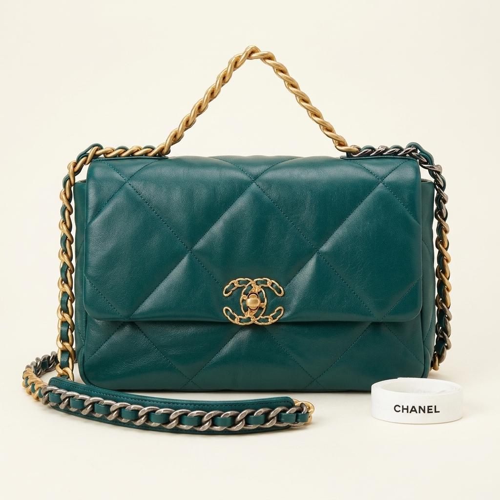 CHANEL 샤넬 19백 램스킨 라지 청록 그린