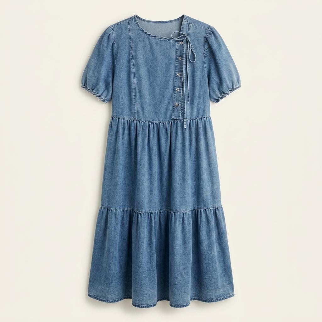 H&M 데님 퍼프 소매 롱 원피스