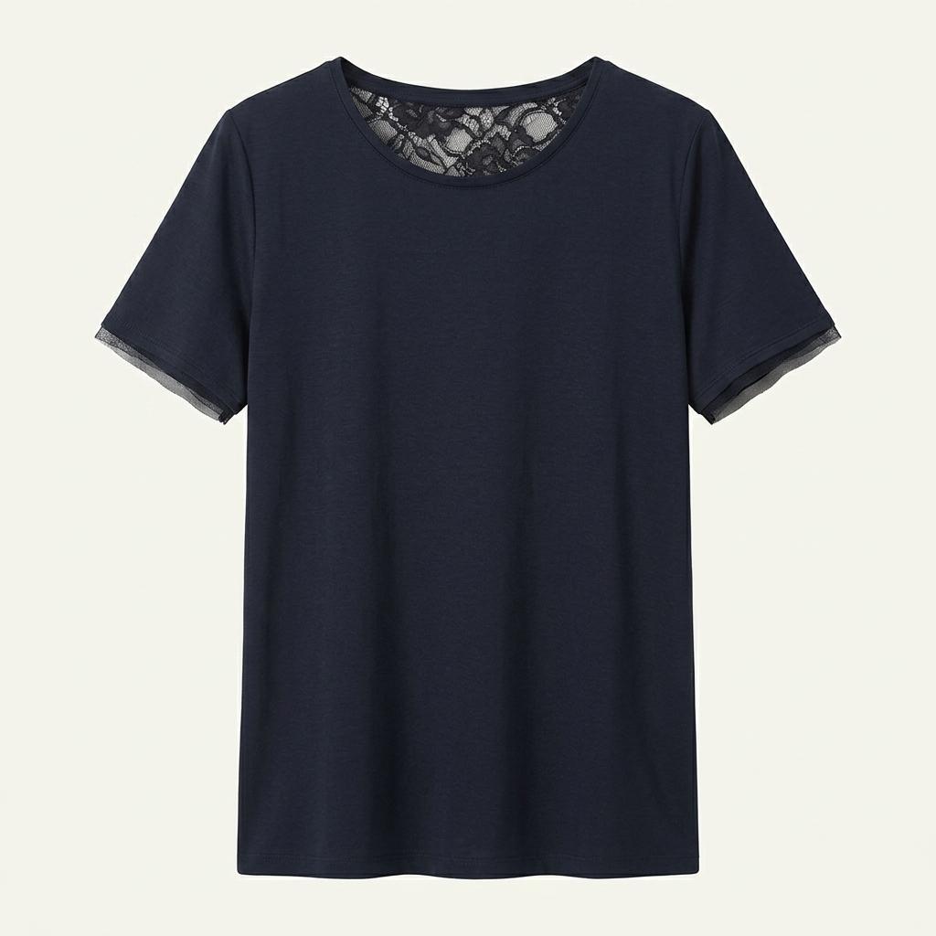 [JILLSTUART] 질스튜어트 레이스 배색 반팔 티셔츠 네이비