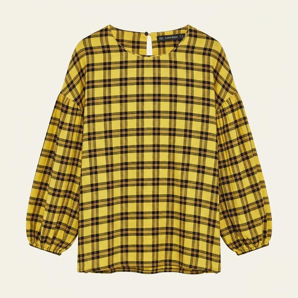 ZARA 자라 옐로우 체크 벌룬 소매 블라우스
