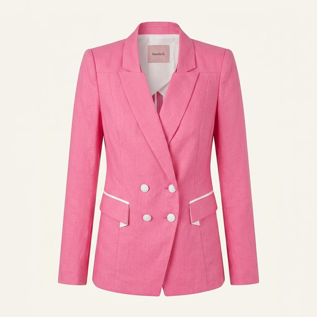 바닐라비 핑크 린넨 혼방 더블 버튼 재킷 55