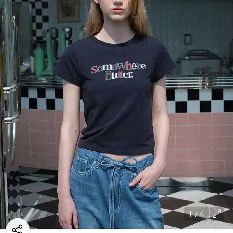 썸웨어버터 키치 웨이브 로고 티 네이비 2