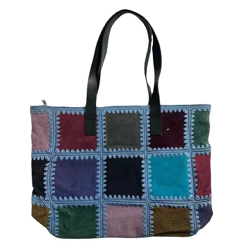 Vintage suede patchwork tote bag 2