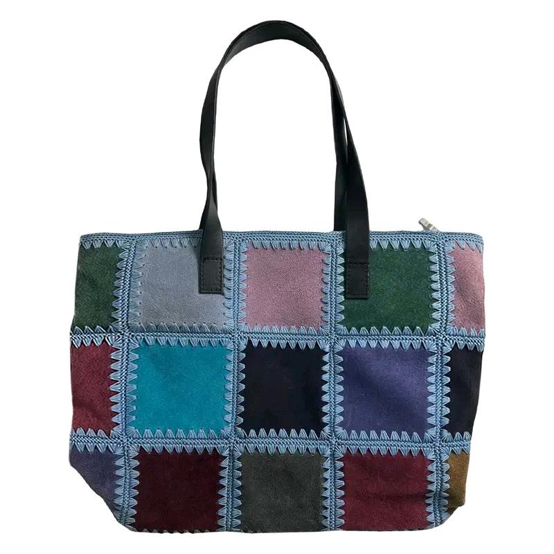 Vintage suede patchwork tote bag 7