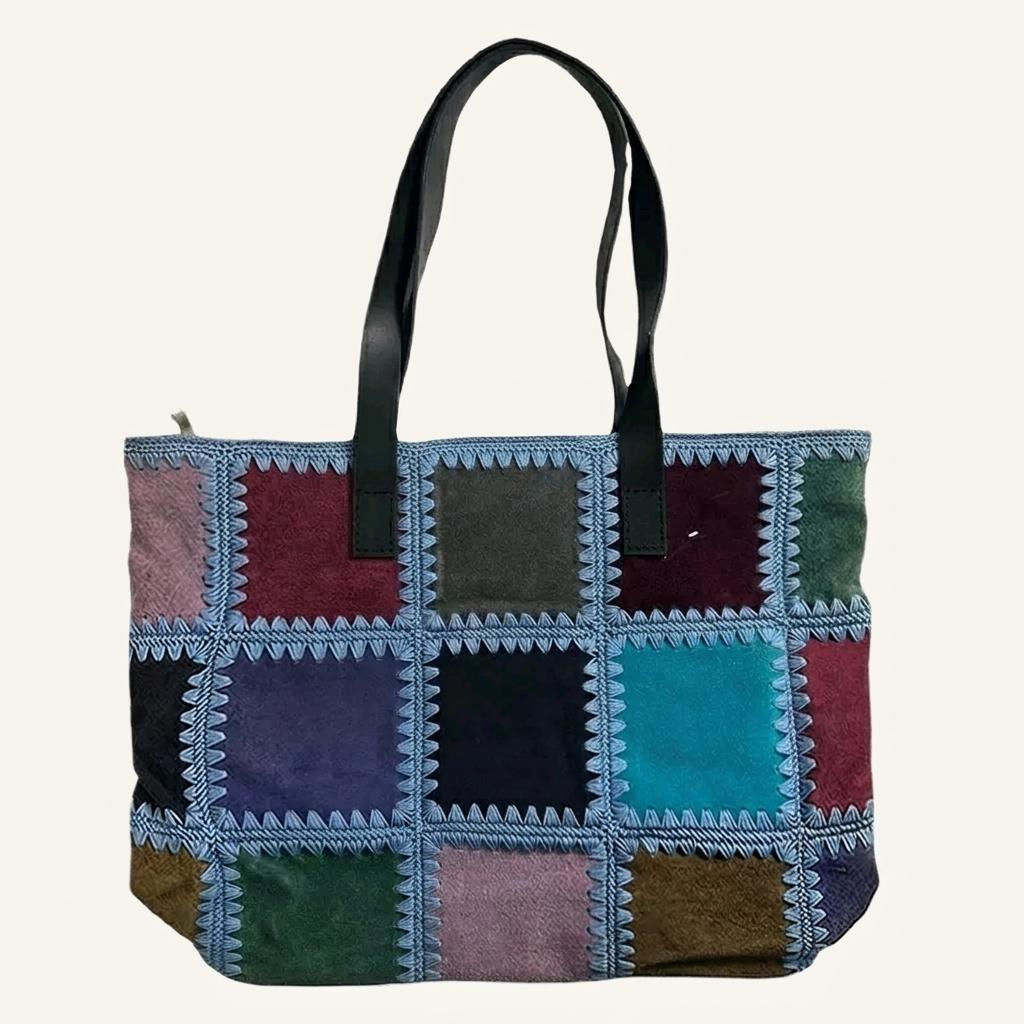 Vintage suede patchwork tote bag 1