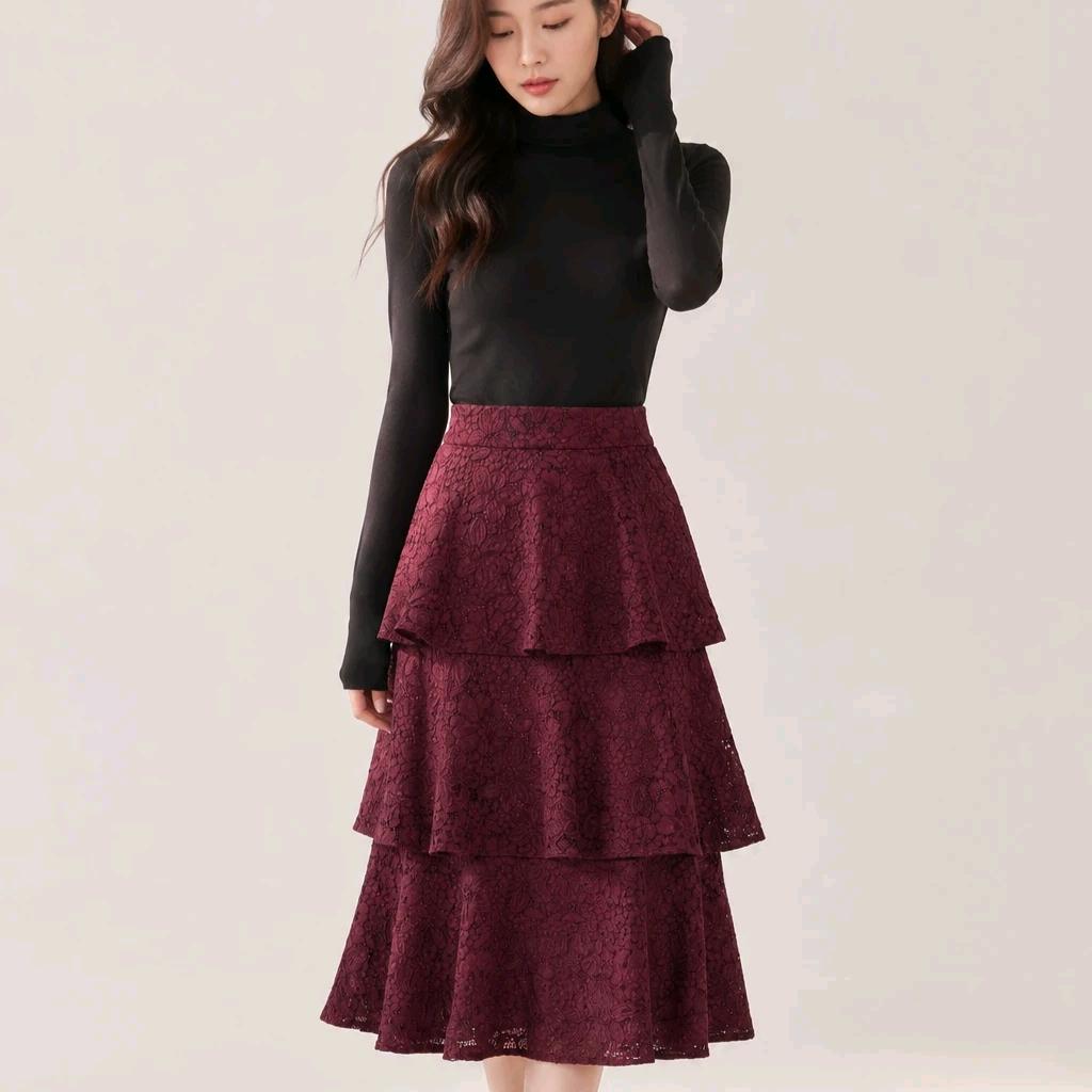 버건디 레이스 티어드 스커트 4