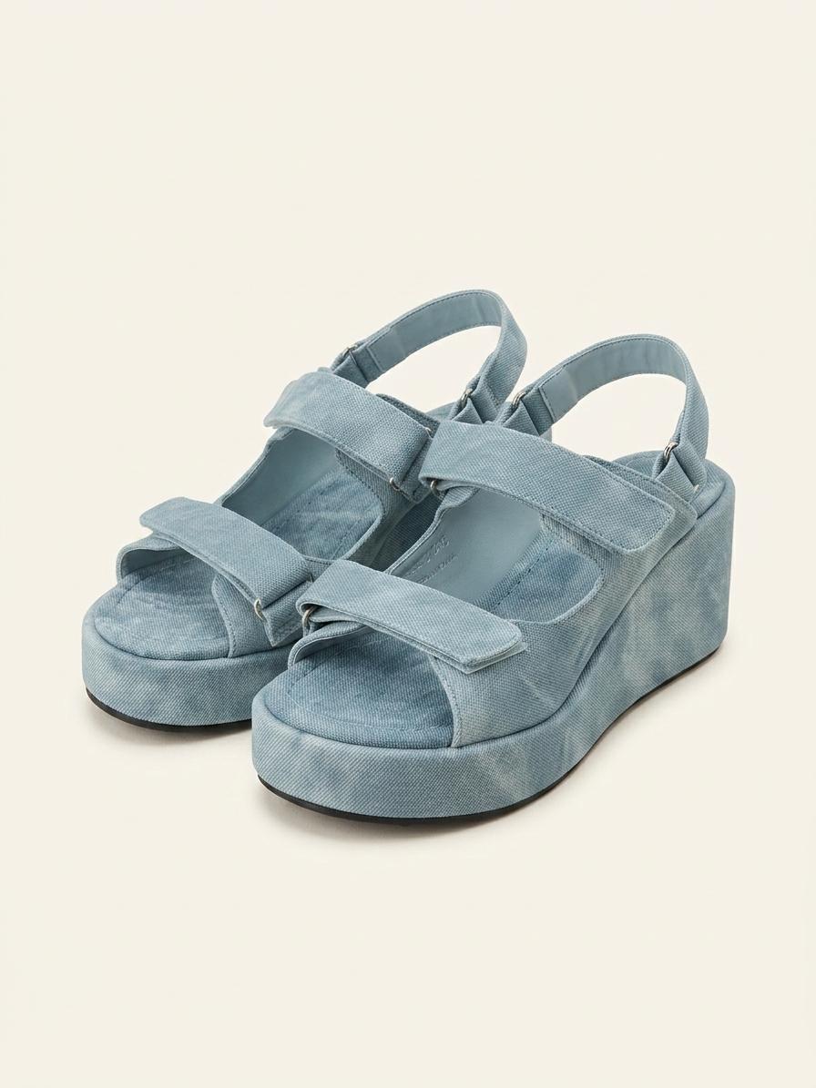 @9470 블루 245-벨크로 샌들 7.5cm 물나염 웨지 샌들-새상품