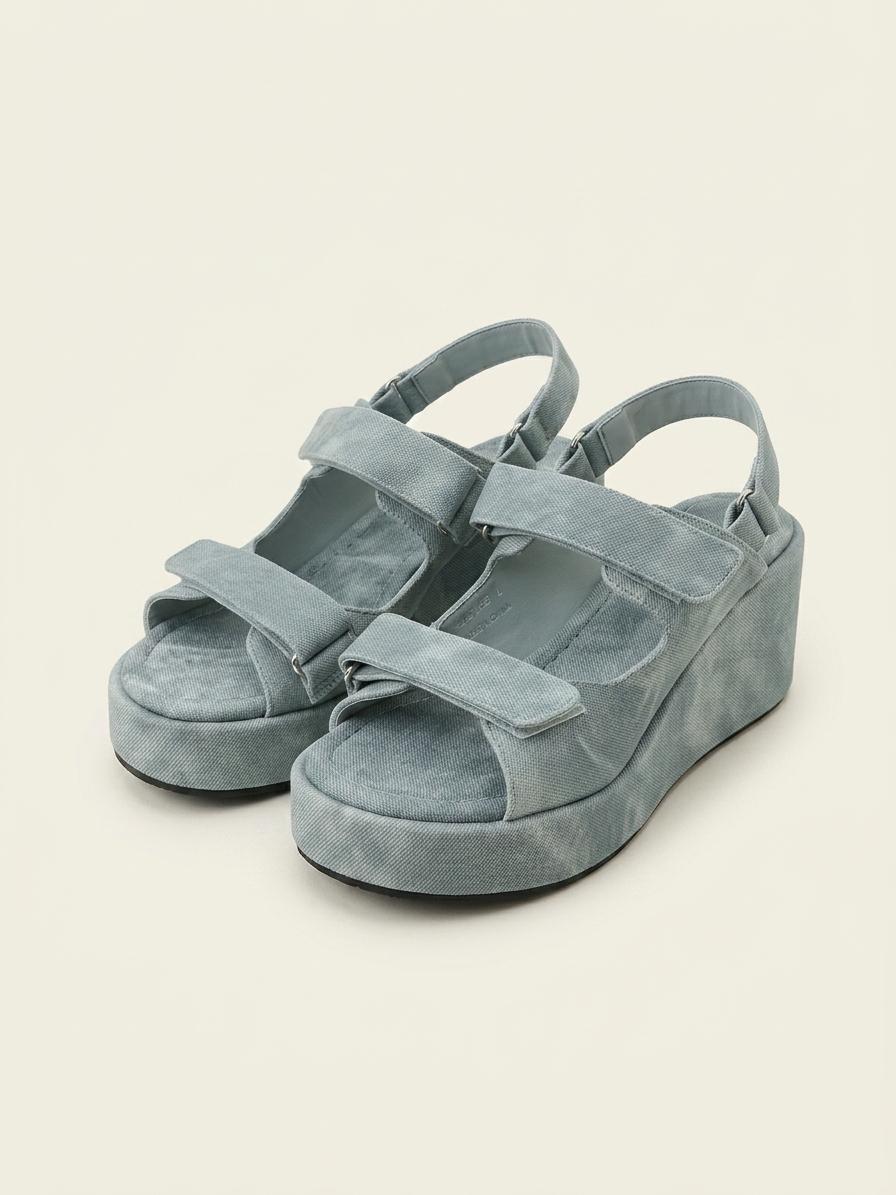 @9470 블루 240-벨크로 샌들 7.5cm 물나염 웨지 샌들-새상품