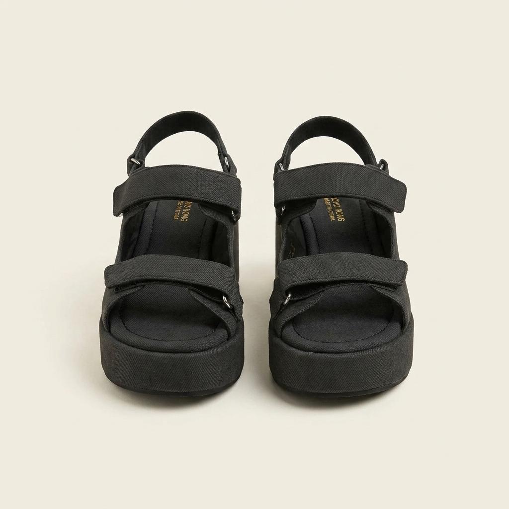 @9470 블랙 235-벨크로 샌들 7.5cm 물나염 웨지 샌들-새상품