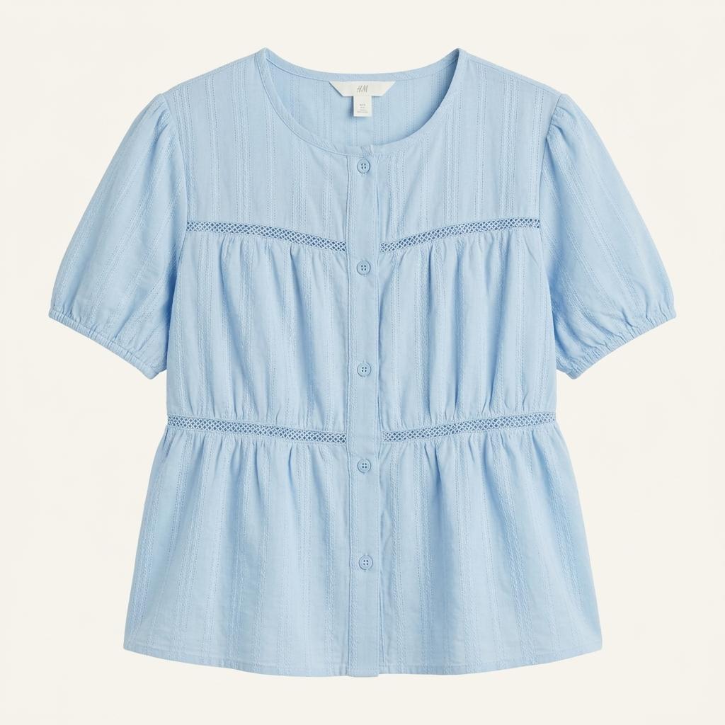 H&M 코튼 펀칭 자수 블라우스 스카이블루
