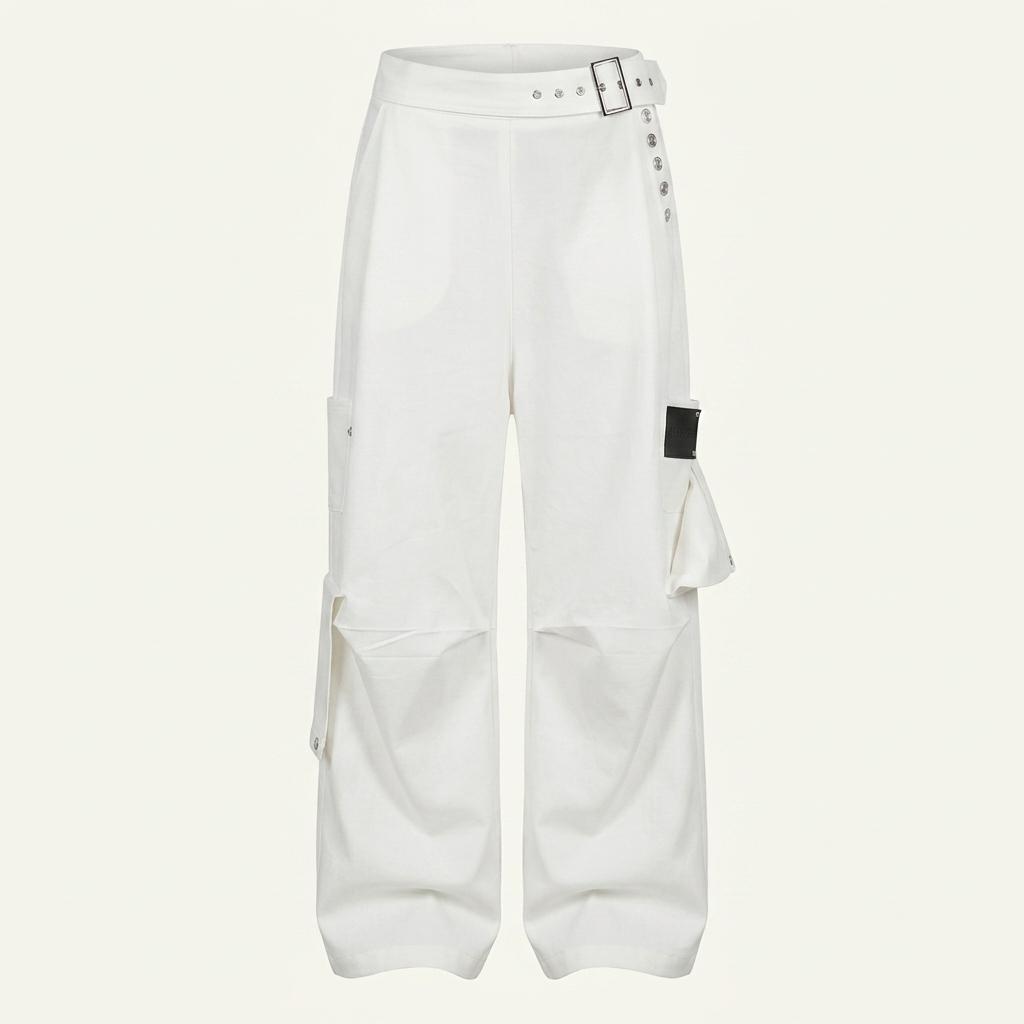 Belted Two-Pocket Cutline Oversized Pants (White) 1