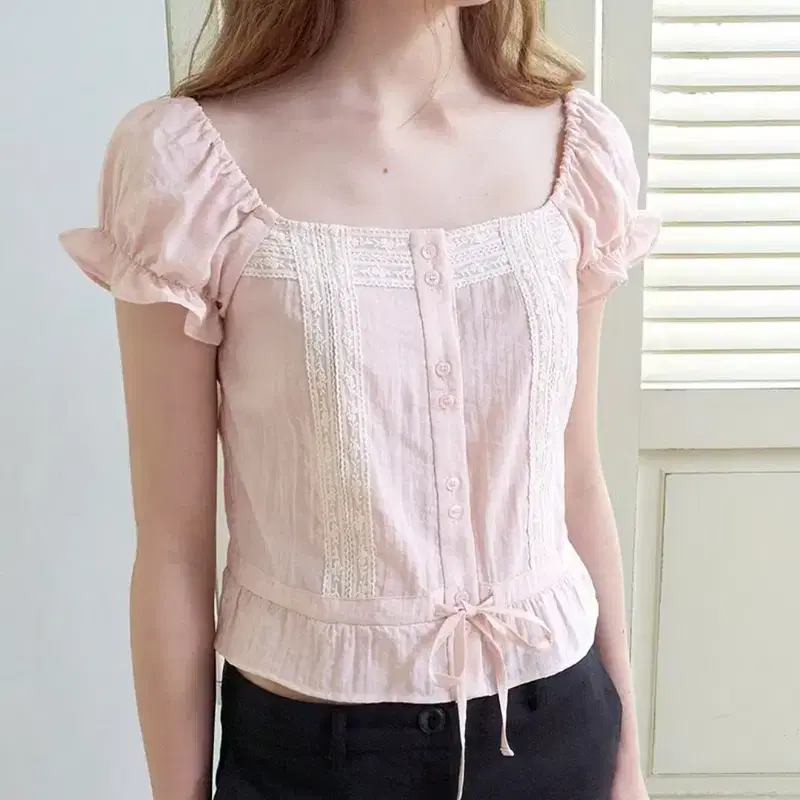 에트몽 더블 레이스 스퀘어 블라우스 핑크 3