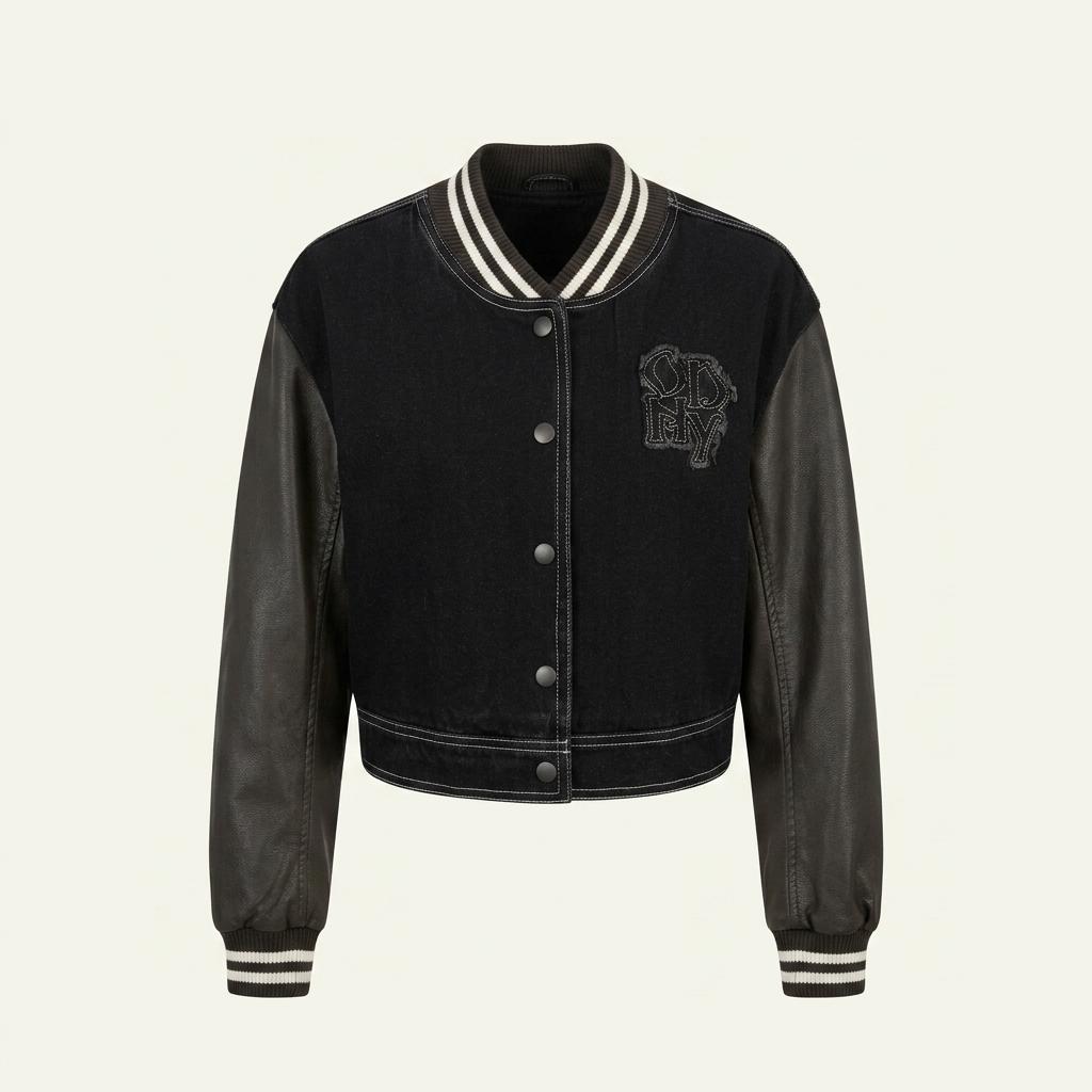 오디너리 홀리데이 데님 가죽 바시티 재킷