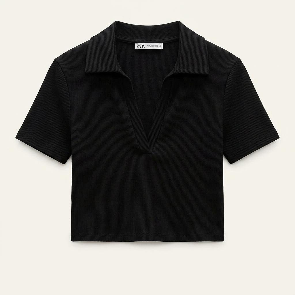 자라 여성 여름 딥V넥 슬림핏 크롭 골지반팔티 블랙 (HU46445) 1