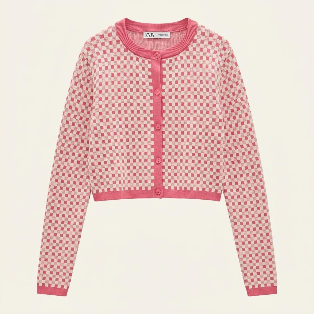 ZARA 자라 체크 라운드넥 니트 가디건 S
