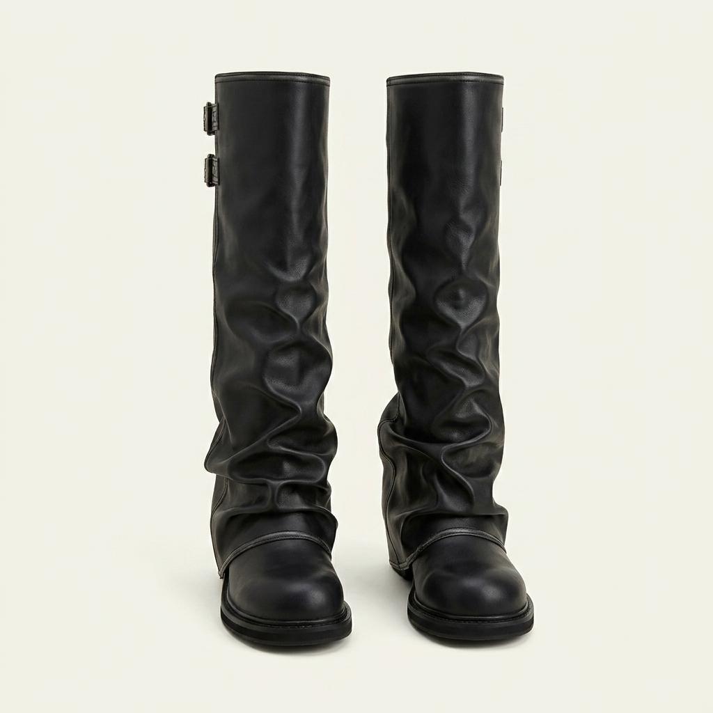 @372 블랙 225-바이커부츠 4cm 빈티지 롱부츠-새상품