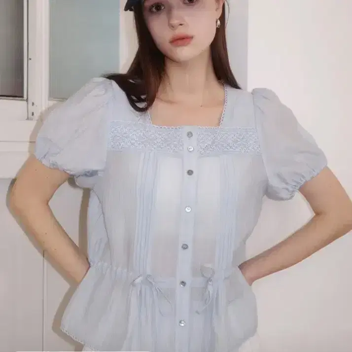 제너럴아이디어 레이스 블루종 하프 블라우스 xl 블루 3