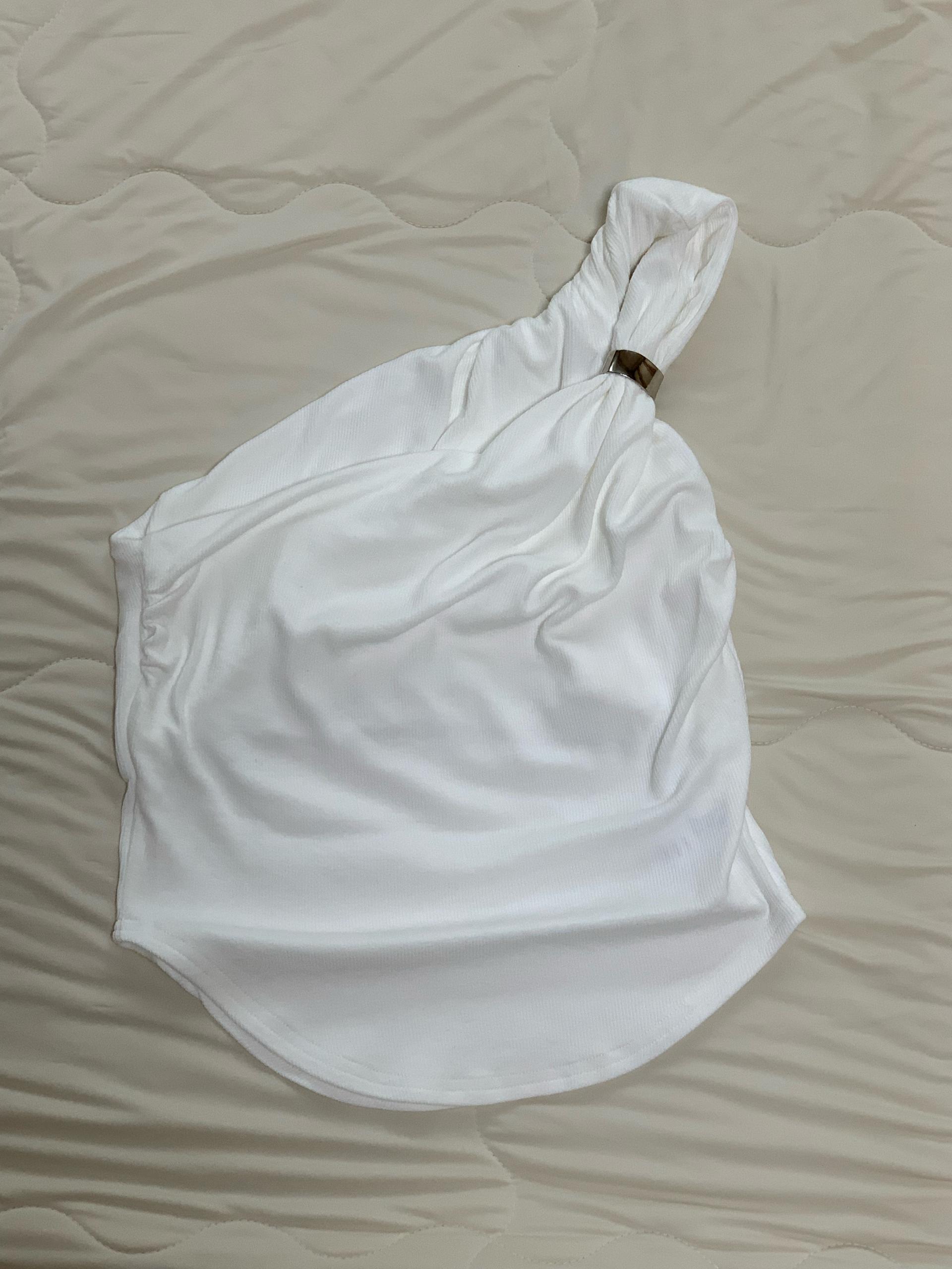 [DRESSUA] 원숄더 드레이핑 나시 티셔츠 화이트 5