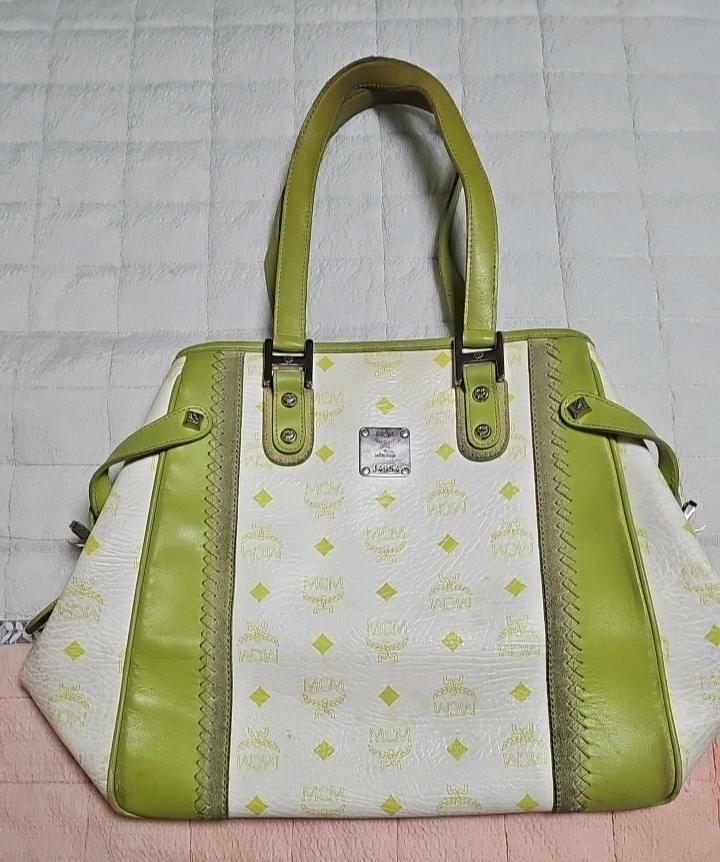 MCM 빈티지 로고 토트백 화이트 그린 5