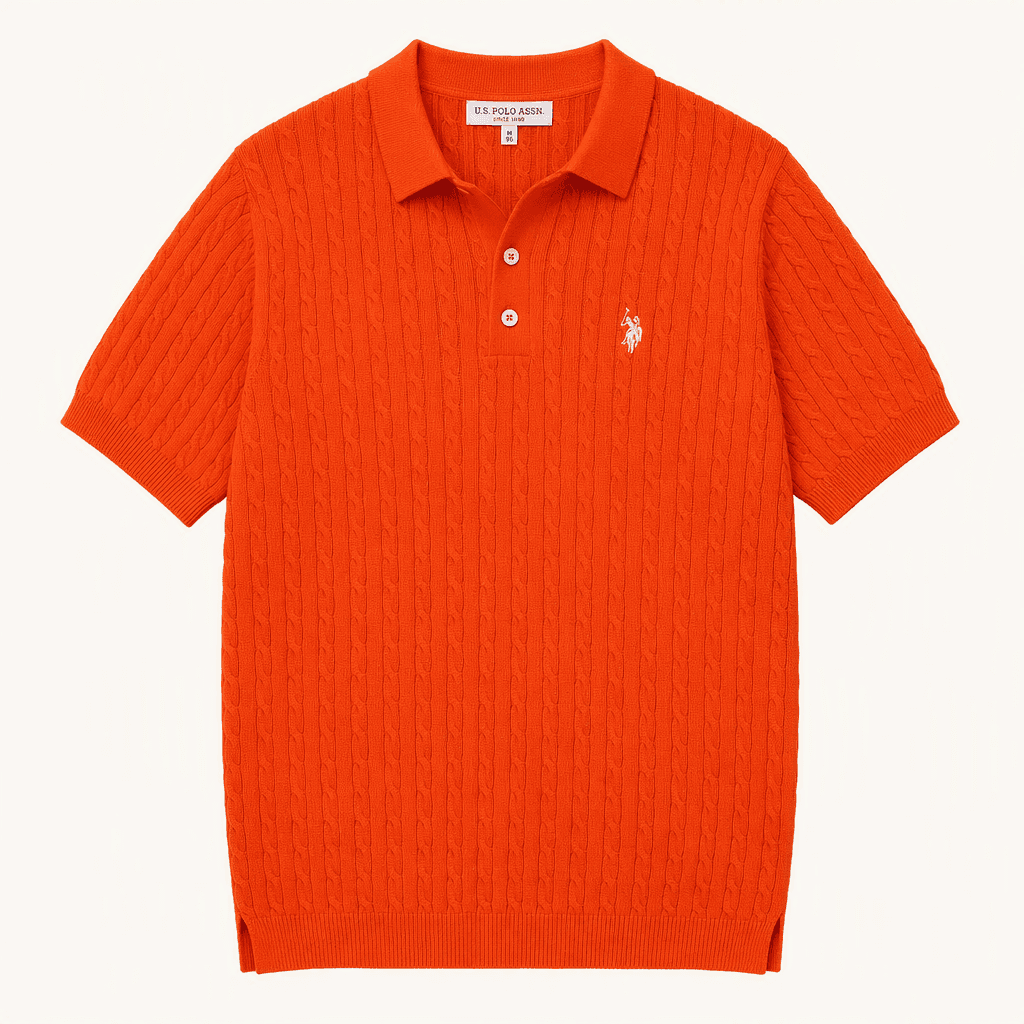U.S. POLO ASSN. 오렌지 케이블 꽈배기 니트 반팔 카라티