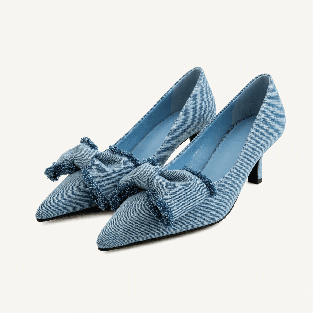 @세일 9457 블루 250-데님 리본힐 7cm 펌프스-새상품 착용컷