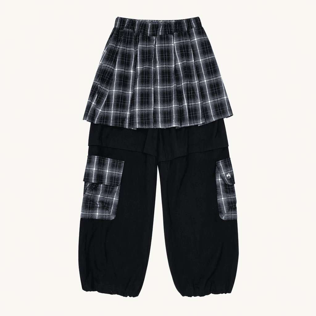 Check skirt layered cargo pants (Black) 착용컷